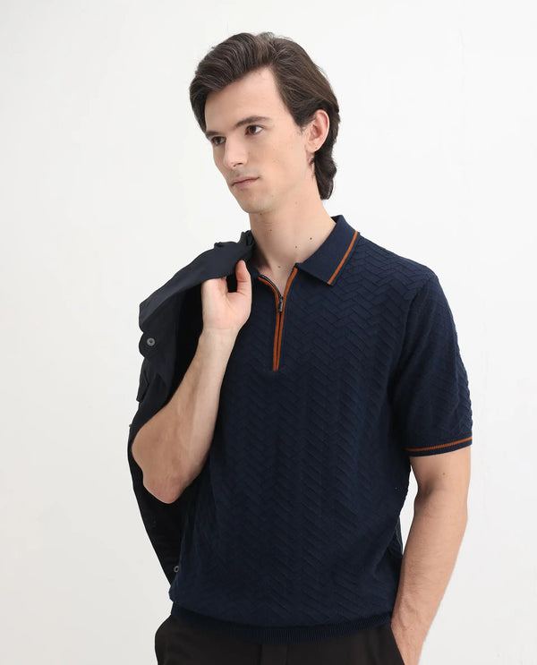 Rare Rabbit Men Amet Navy Cotton Fabric Short Sleeve Polo