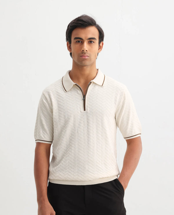 Rare Rabbit Men Amet Off White Cotton Fabric Short Sleeve Polo