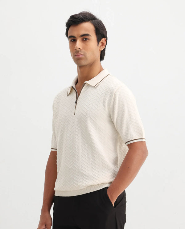 Rare Rabbit Men Amet Off White Cotton Fabric Short Sleeve Polo