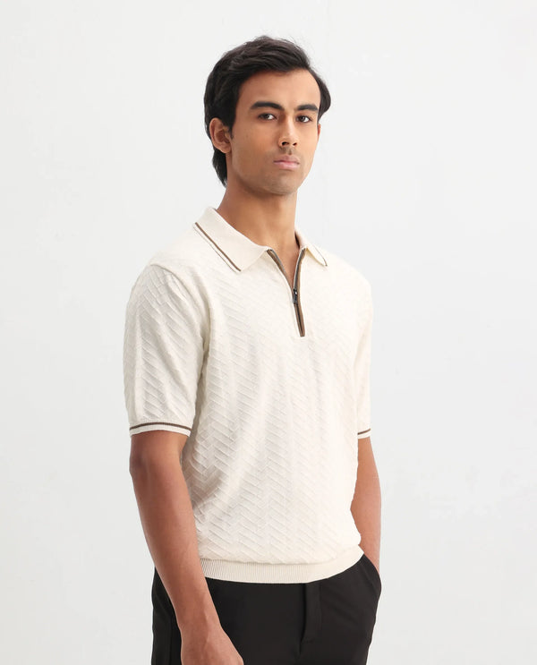 Rare Rabbit Men Amet Off White Cotton Fabric Short Sleeve Polo