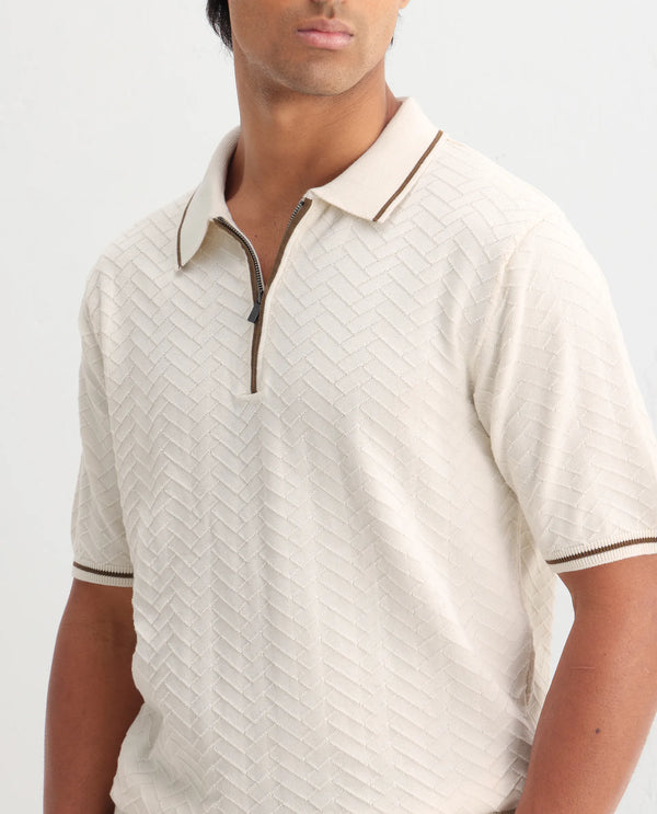Rare Rabbit Men Amet Off White Cotton Fabric Short Sleeve Polo
