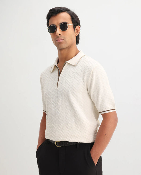 Rare Rabbit Men Amet Off White Cotton Fabric Short Sleeve Polo