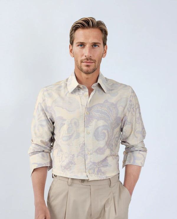 Rare Rabbit Men Ami Beige Viscose Fabric Full Sleeve Collared Neck Button Closure Abstract Print Shirt