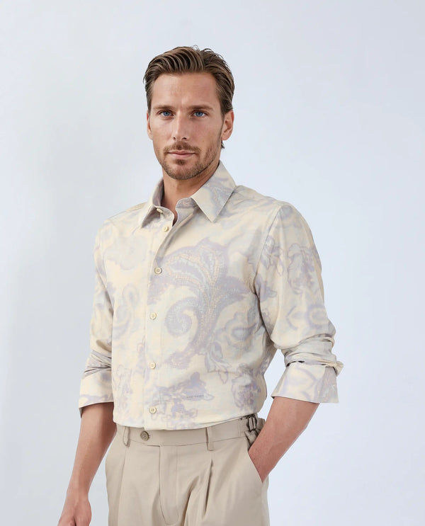 Rare Rabbit Men Ami Beige Viscose Fabric Full Sleeve Collared Neck Button Closure Abstract Print Shirt