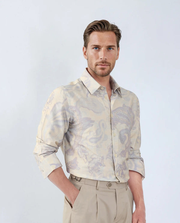 Rare Rabbit Men Ami Beige Viscose Fabric Full Sleeve Collared Neck Button Closure Abstract Print Shirt