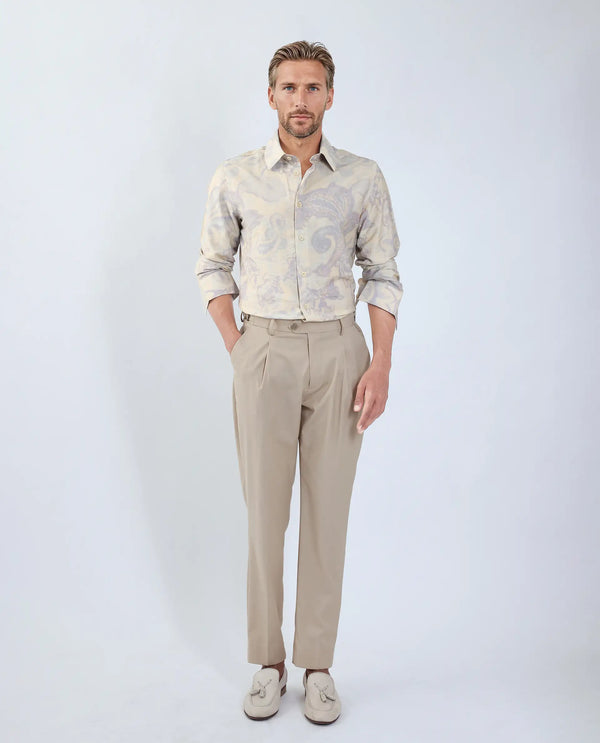 Rare Rabbit Men Ami Beige Viscose Fabric Full Sleeve Collared Neck Button Closure Abstract Print Shirt