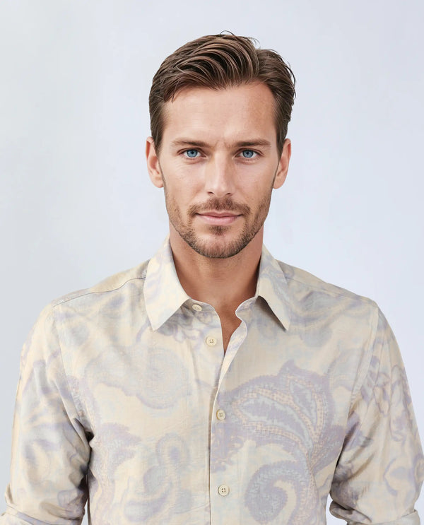 Rare Rabbit Men Ami Beige Viscose Fabric Full Sleeve Collared Neck Button Closure Abstract Print Shirt