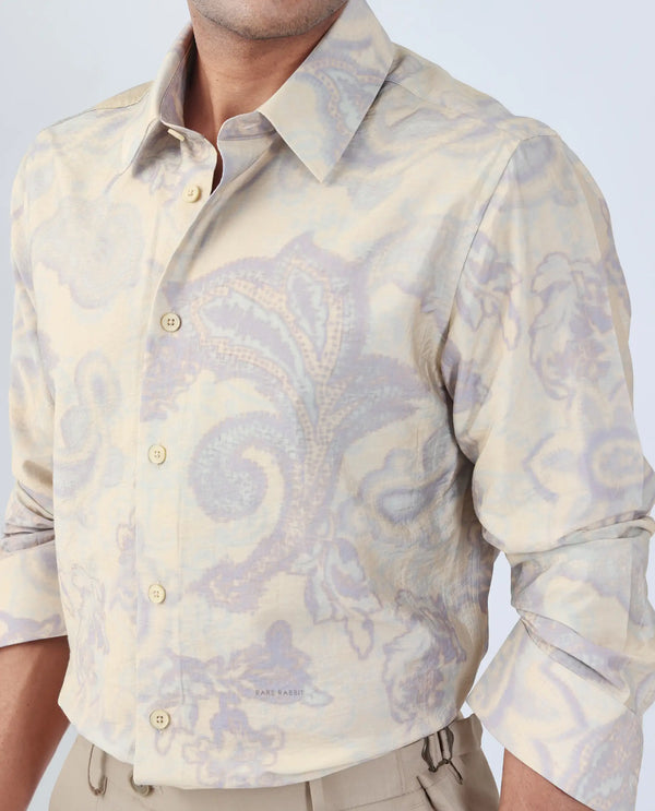 Rare Rabbit Men Ami Beige Viscose Fabric Full Sleeve Collared Neck Button Closure Abstract Print Shirt