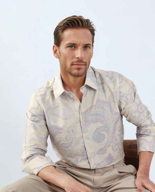 Rare Rabbit Men Ami Beige Viscose Fabric Full Sleeve Collared Neck Button Closure Abstract Print Shirt