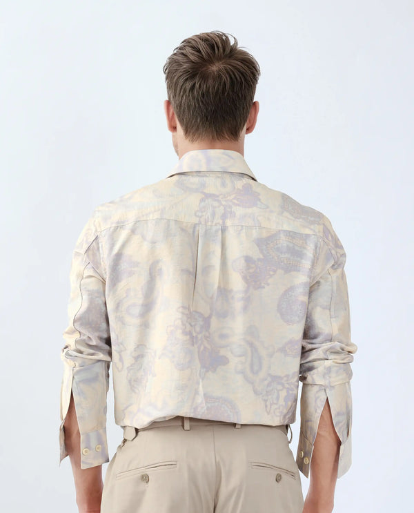 Rare Rabbit Men Ami Beige Viscose Fabric Full Sleeve Collared Neck Button Closure Abstract Print Shirt