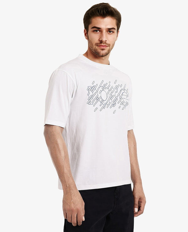 Rare Rabbit Men Ammon Dark White Cotton Lycra Fabric Short Sleeve Crew Neck Oversized Fit Graphic Print T-Shirt