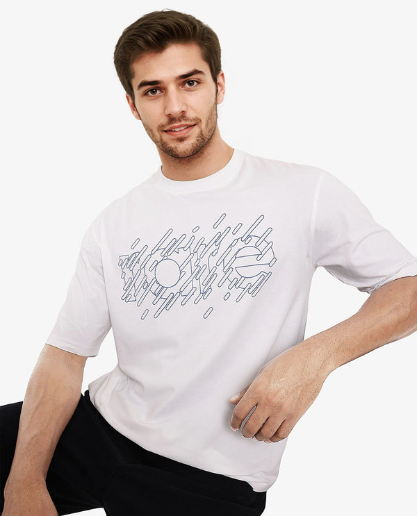 Rare Rabbit Men Ammon Dark White Cotton Lycra Fabric Short Sleeve Crew Neck Oversized Fit Graphic Print T-Shirt