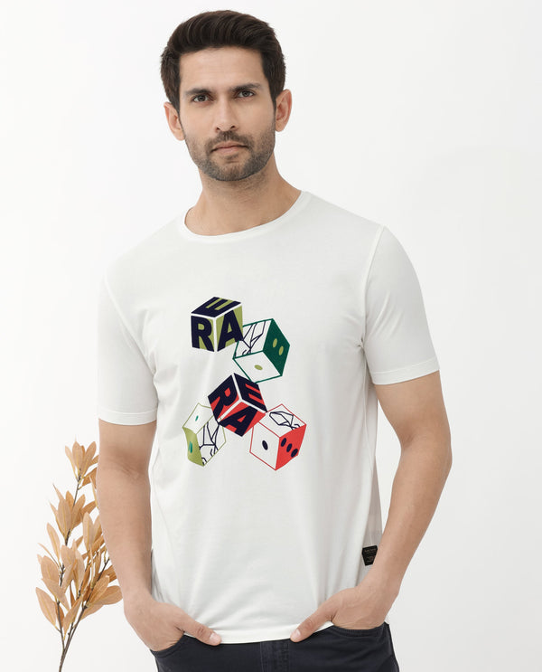 Rare Rabbit Articale Men's Amon Off White Cotton Polyester Fabric Half Sleeves Graphic Print T-Shirt