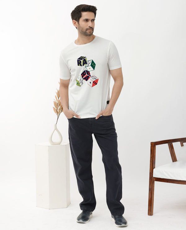 Rare Rabbit Articale Men's Amon Off White Cotton Polyester Fabric Half Sleeves Graphic Print T-Shirt