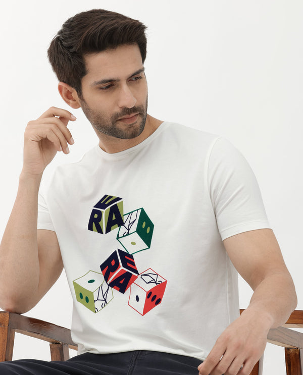 Rare Rabbit Articale Men's Amon Off White Cotton Polyester Fabric Half Sleeves Graphic Print T-Shirt
