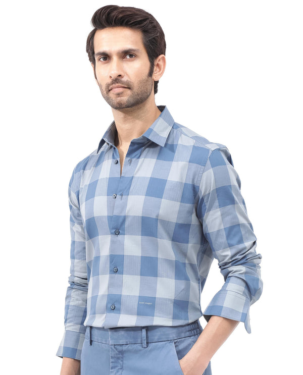 Rare Rabbit Mens Amos Blue Cotton Fabric Full Sleeve Regular Fit Checks Shirt