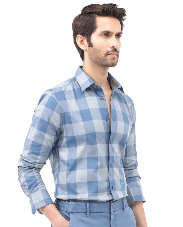 Rare Rabbit Mens Amos Blue Cotton Fabric Full Sleeve Regular Fit Checks Shirt