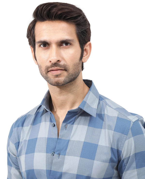 Rare Rabbit Mens Amos Blue Cotton Fabric Full Sleeve Regular Fit Checks Shirt