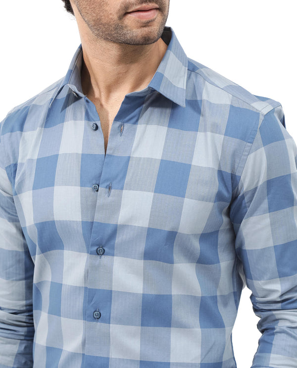 Rare Rabbit Mens Amos Blue Cotton Fabric Full Sleeve Regular Fit Checks Shirt