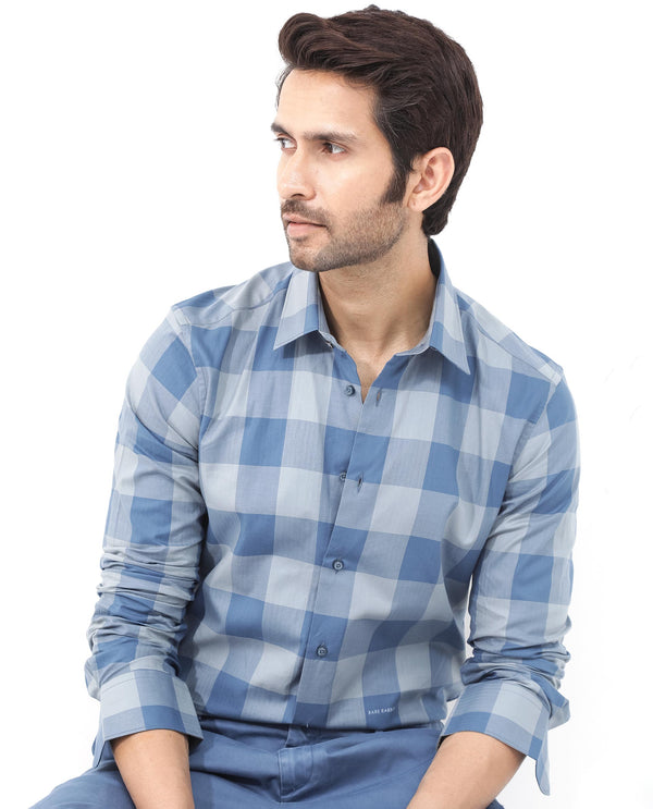 Rare Rabbit Mens Amos Blue Cotton Fabric Full Sleeve Regular Fit Checks Shirt
