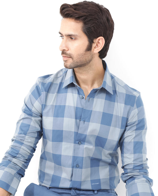 Rare Rabbit Mens Amos Blue Cotton Fabric Full Sleeve Regular Fit Checks Shirt