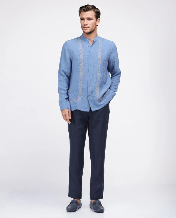 Rare Rabbit Men Amos-Emb Blue Viscose Blend Full Sleeve Collared Neck Embroidered Shirt
