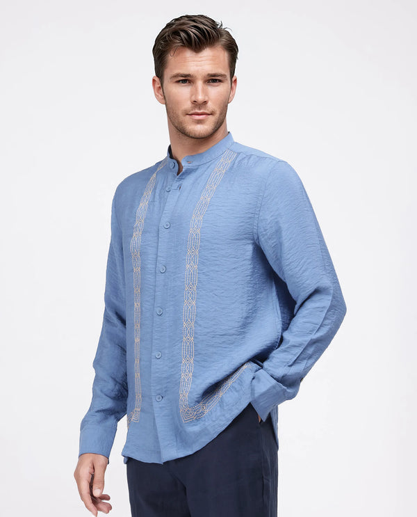 Rare Rabbit Men Amos-Emb Blue Viscose Blend Full Sleeve Collared Neck Embroidered Shirt