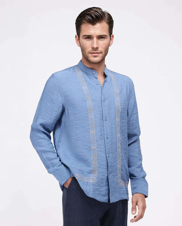 Rare Rabbit Men Amos-Emb Blue Viscose Blend Full Sleeve Collared Neck Embroidered Shirt