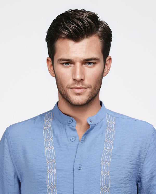 Rare Rabbit Men Amos-Emb Blue Viscose Blend Full Sleeve Collared Neck Embroidered Shirt