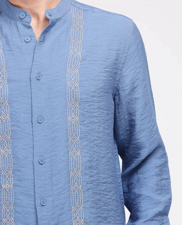 Rare Rabbit Men Amos-Emb Blue Viscose Blend Full Sleeve Collared Neck Embroidered Shirt