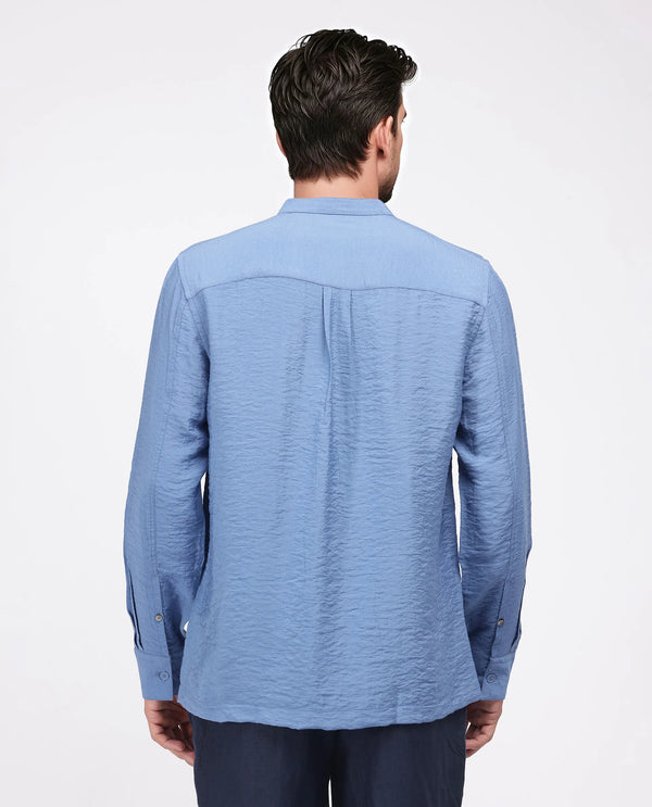 Rare Rabbit Men Amos-Emb Blue Viscose Blend Full Sleeve Collared Neck Embroidered Shirt