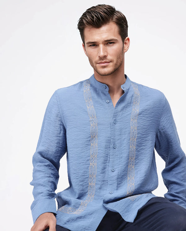 Rare Rabbit Men Amos-Emb Blue Viscose Blend Full Sleeve Collared Neck Embroidered Shirt