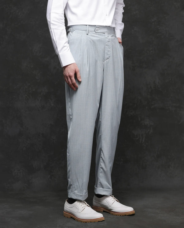 Rare Rabbit Men Amosy Light Blue Cotton Button Closure Relaxed Fit Striped Business Trouser