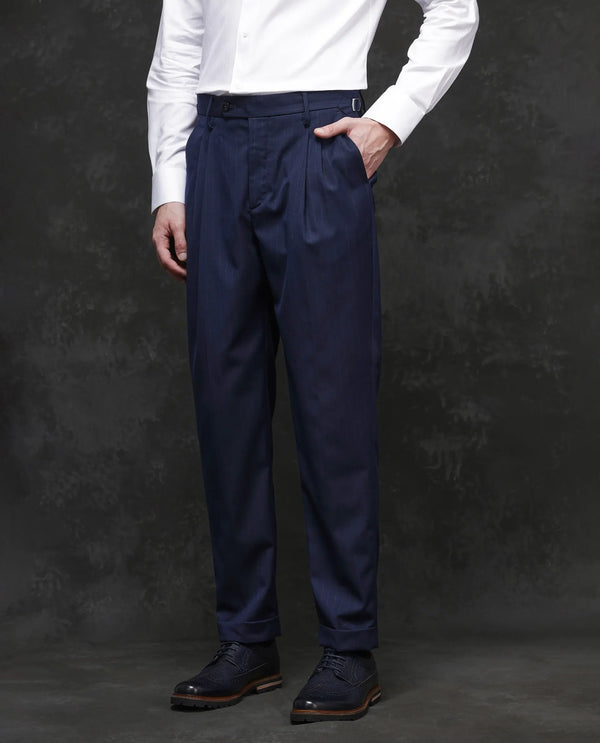 Rare Rabbit Men Amosy Navy Cotton Button Closure Relaxed Fit Striped Business Trouser