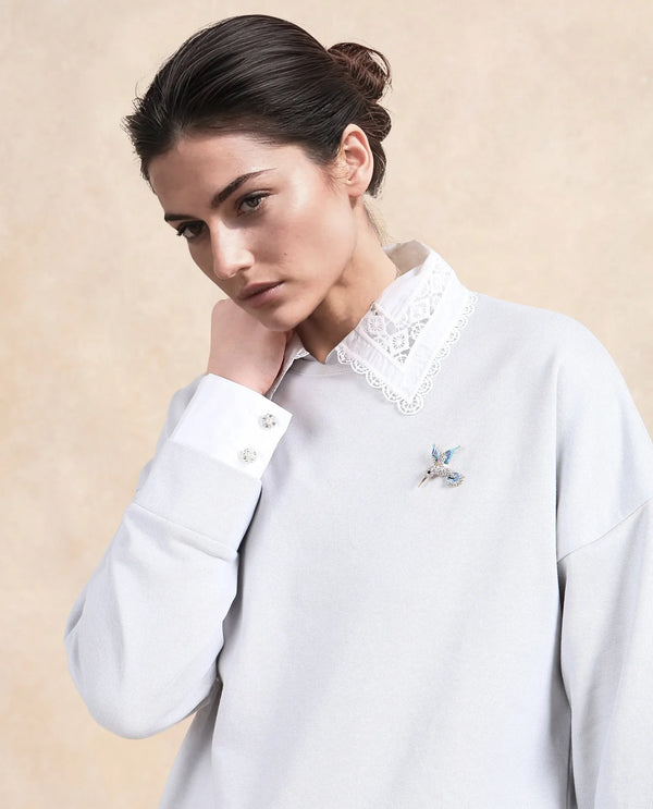 Rareism Women Amour Light Grey Cotton Blend Fabric Full Sleeve Collared Neck Button Closure Relaxed Fit Plain Sweatshirt