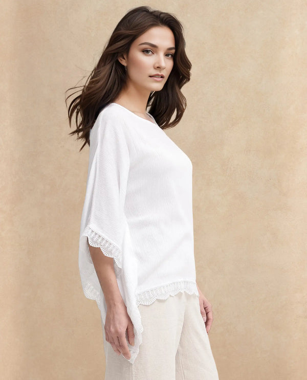 Rareism Women Ancona White Kimono Sleeve Boat Neck Relaxed Fit Plain Top