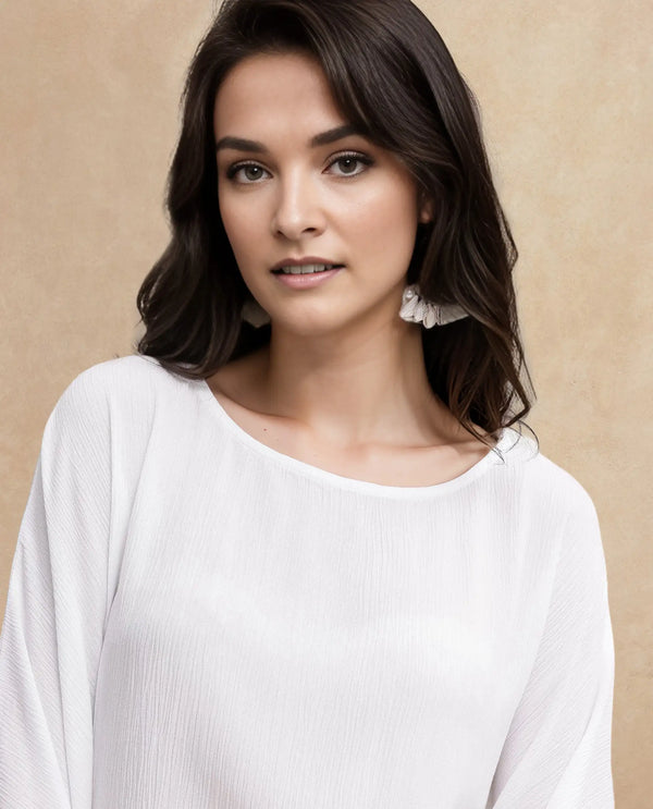 Rareism Women Ancona White Kimono Sleeve Boat Neck Relaxed Fit Plain Top