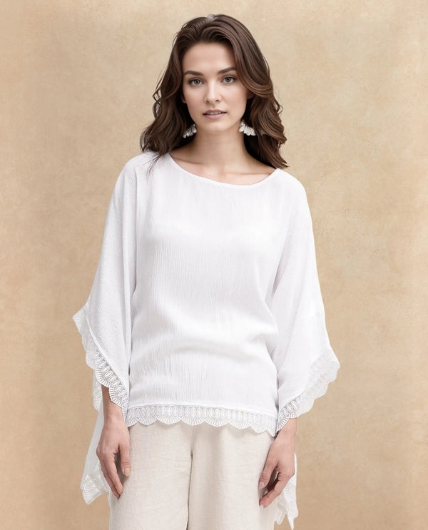 Rareism Women Ancona White Kimono Sleeve Boat Neck Relaxed Fit Plain Top