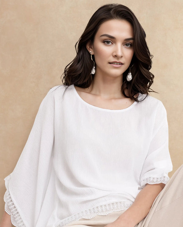 Rareism Women Ancona White Kimono Sleeve Boat Neck Relaxed Fit Plain Top