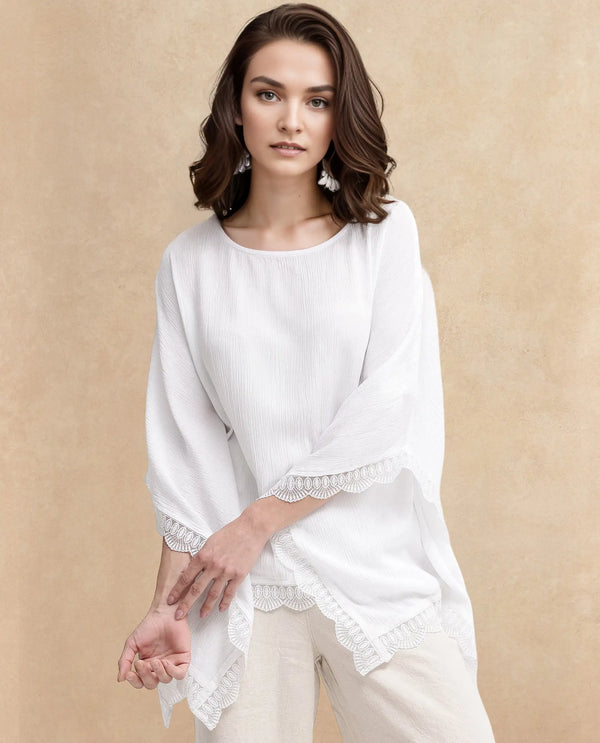 Rareism Women Ancona White Kimono Sleeve Boat Neck Relaxed Fit Plain Top