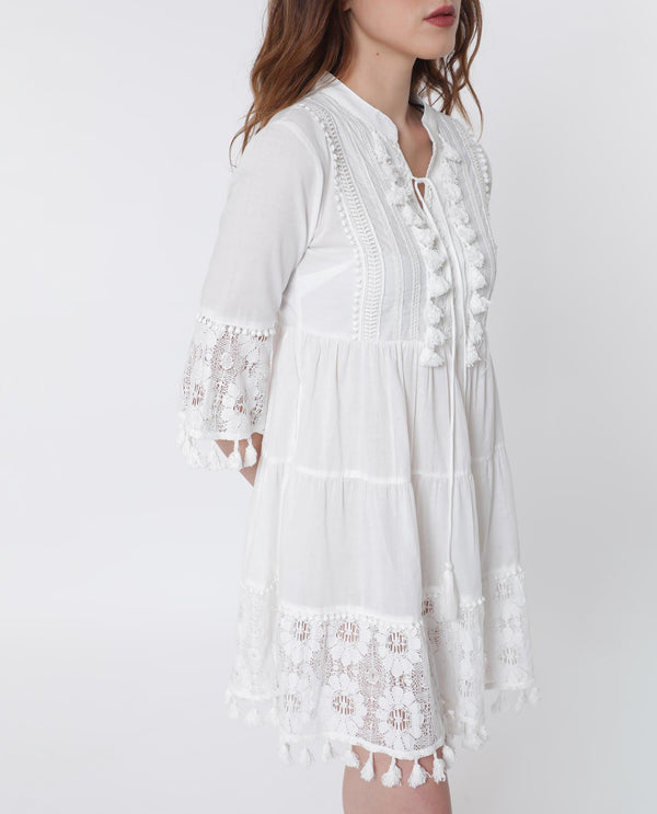 Rareism Women Andarin White Cotton Fabric 3/4Th Sleeves Tie-Up Closure Tie-Up Neck Bell Sleeve Regular Fit Plain Knee Length Tiered Dress