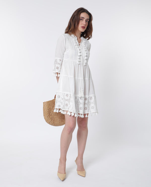 Rareism Women Andarin White Cotton Fabric 3/4Th Sleeves Tie-Up Closure Tie-Up Neck Bell Sleeve Regular Fit Plain Knee Length Tiered Dress