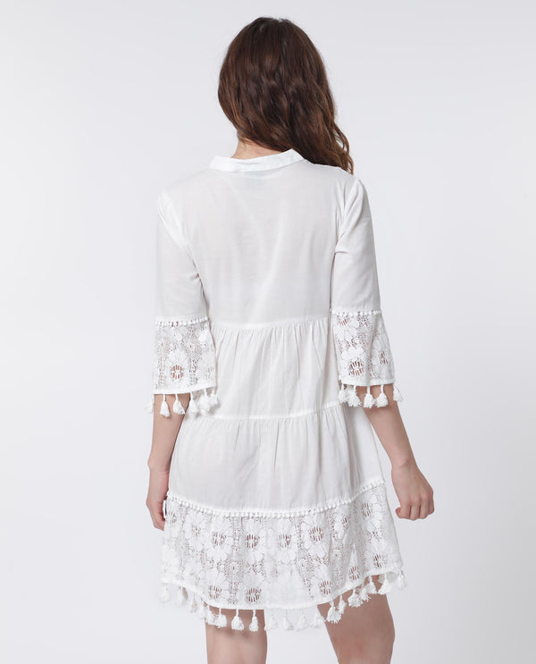 Rareism Women Andarin White Cotton Fabric 3/4Th Sleeves Tie-Up Closure Tie-Up Neck Bell Sleeve Regular Fit Plain Knee Length Tiered Dress