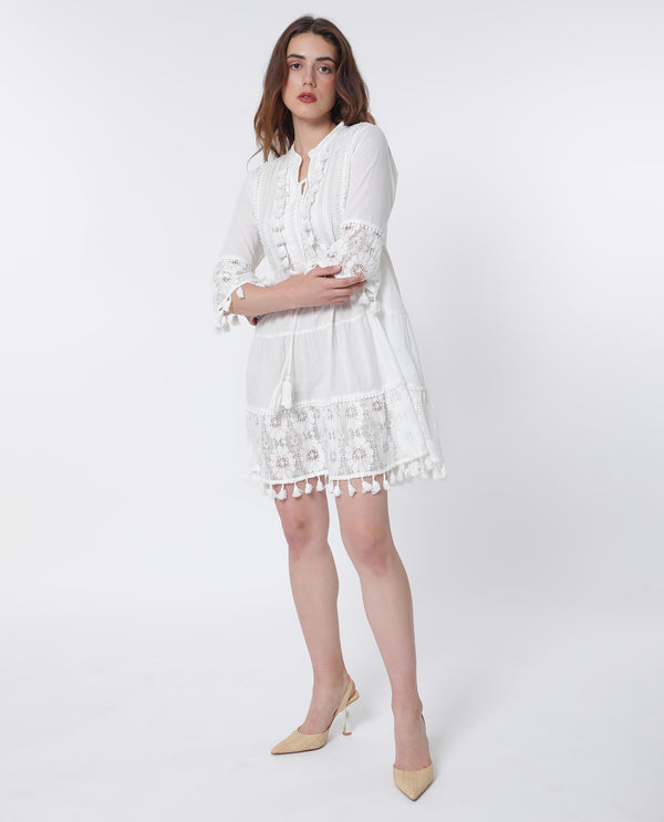 Rareism Women Andarin White Cotton Fabric 3/4Th Sleeves Tie-Up Closure Tie-Up Neck Bell Sleeve Regular Fit Plain Knee Length Tiered Dress
