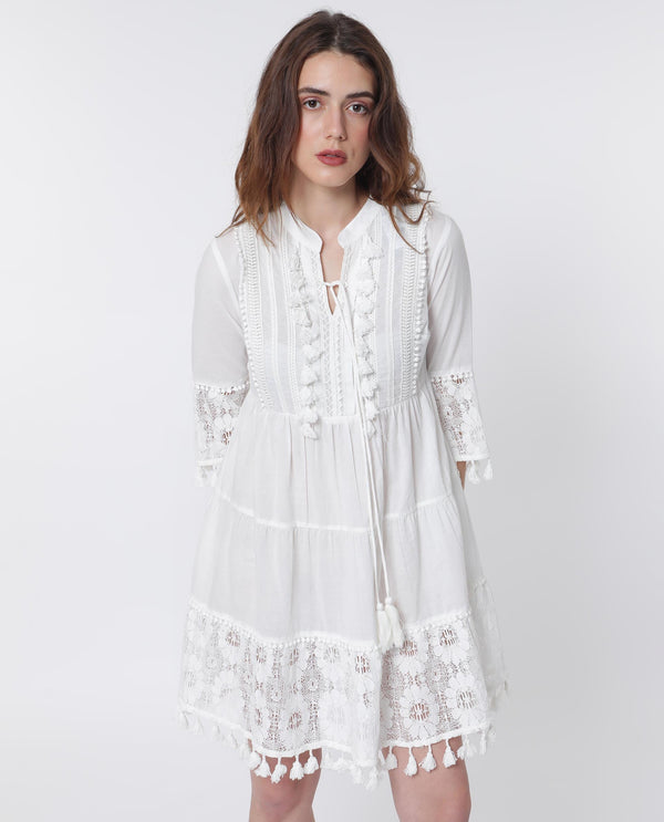 Rareism Women Andarin White Cotton Fabric 3/4Th Sleeves Tie-Up Closure Tie-Up Neck Bell Sleeve Regular Fit Plain Knee Length Tiered Dress