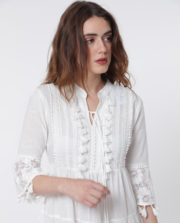 Rareism Women Andarin White Cotton Fabric 3/4Th Sleeves Tie-Up Closure Tie-Up Neck Bell Sleeve Regular Fit Plain Knee Length Tiered Dress