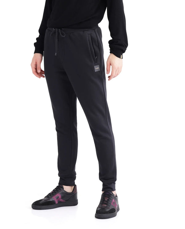 Rare Rabbit Men Ander Black Drawstring Closure Heavyweight Premium Plain Track Pant