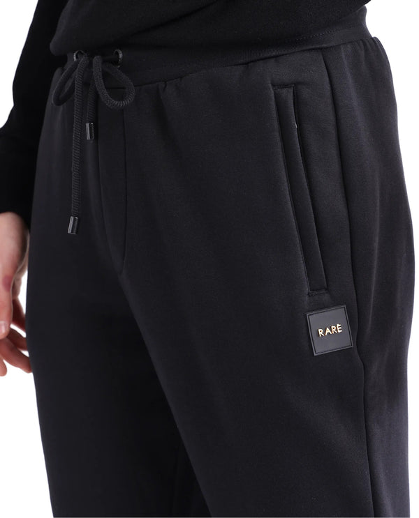 Rare Rabbit Men Ander Black Drawstring Closure Heavyweight Premium Plain Track Pant