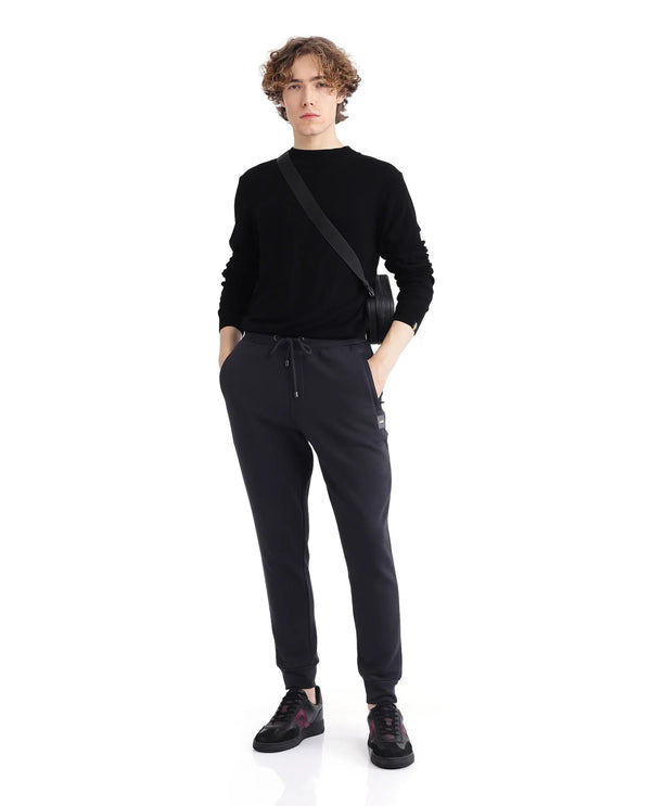 Rare Rabbit Men Ander Black Drawstring Closure Heavyweight Premium Plain Track Pant