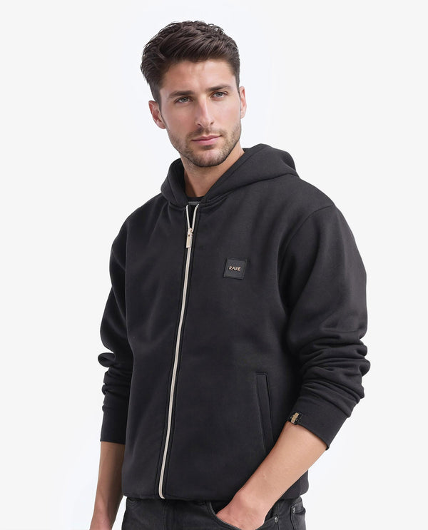 Rare Rabbit Men Anderson-2 Black Full Sleeve Hooded Zipper Closure Plain Sweatshirt